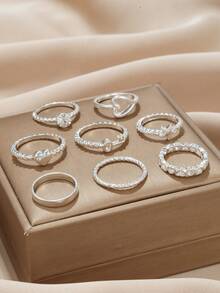 8 piezas Anillo con corazón & con diseño de estrella - Plateado - Ver 2