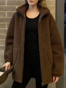 Abrigo de piel de oveja estilo coreano para mujer Versátil Top estilo influencer Chaqueta gruesa oversize de piel de oveja Ropa de piel de oveja para mujer Otoño/Invierno Novedades Abrigo de cuello alto de color liso y corte holgado Abrigo de lana cálido - Café integral - Ver 4