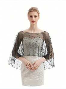 新娘披肩，珍珠雪纺白色披肩，新娘披肩，手工串珠蕾丝新娘斗篷，适合婚纱、结婚登记拍照、秋季服装搭配、派对、闪耀、万圣节、圣诞节 - 彩色 - 查看 9