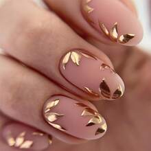 24pcs Short Oval Golden Leaf Design Decorative Nails With Jelly Glue 1 Nail File 1 09SE - 1 盒 - 查看 1
