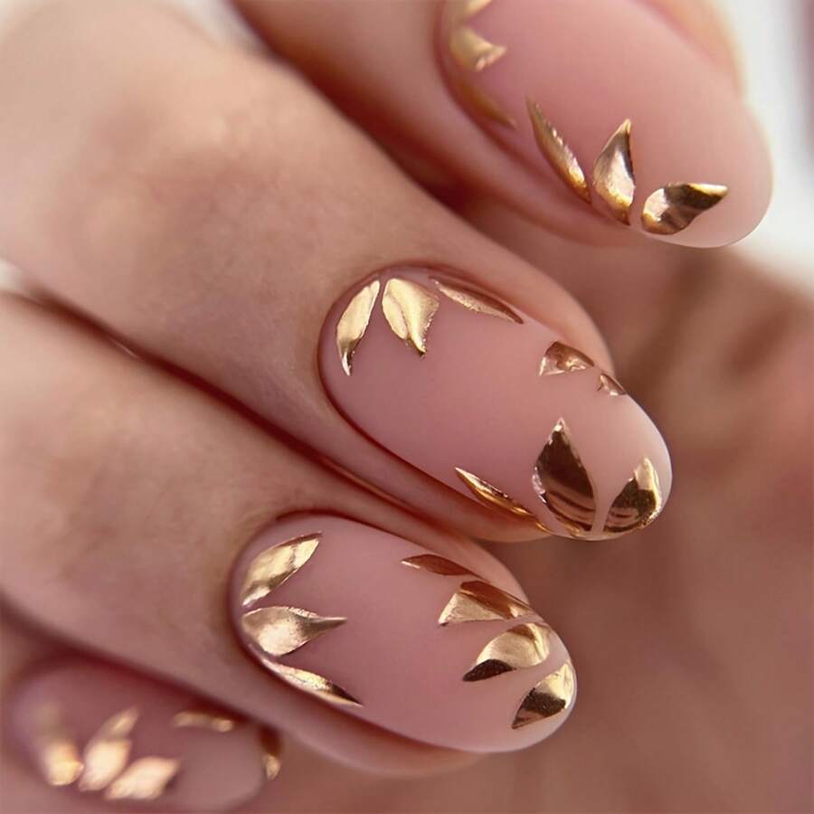 24pcs Short Oval Golden Leaf Design Decorative Nails With Jelly Glue 1 Nail File 1 09SE - 1 盒 - 查看 1