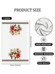 2pcs Christmas Kitchen Towels, Polyester Hand Towels With Flowers Pattern, Super Soft Woven Dishcloths, Machine Washable, Ideal For Restaurant, Kitchen, Christmas Holiday Decoration And Gifting - Multicolor - View 3