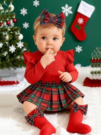 Body bébé fille à volants côtelés avec imprimé à carreaux, ensemble mignon avec chaussettes et bandeau