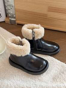 1 Pair 2025 Winter New Kids Waterproof Anti-Slip Faux Fur Snow Boots, Thick Thermal Lined Girls Winter Boots, Warm Leather Boys Boots, Fashionable Baby Boots