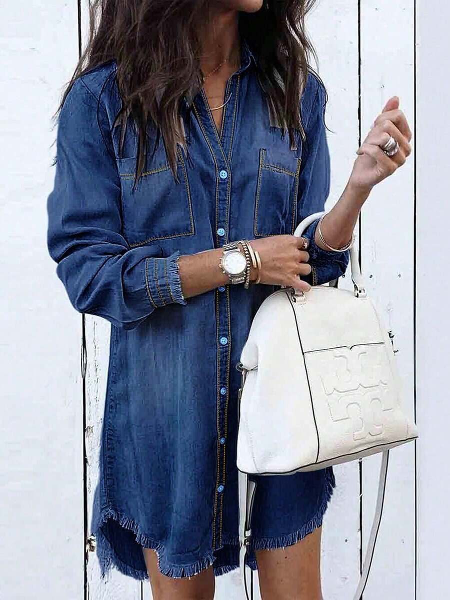 女式秋季长袖单排扣口袋设计休闲牛仔衬衫裙 - 深色水洗藍 - 查看 1