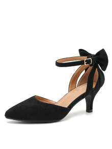 MAIERNISI JESSI Women's Wedding Evening Party Bow Kitten Heels Pumps Ankle Strap Buckle Dress Shoes - 黑色絨面 - 查看 12