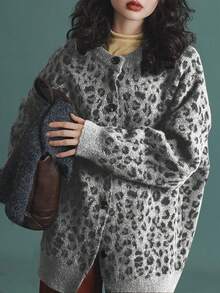 Alicedudu Cardigan col rond vintage à imprimé léopard pour femmes, automne/hiver