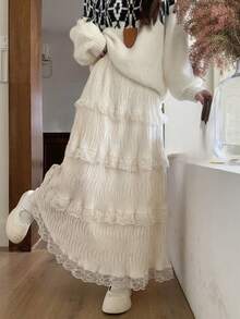 2026 Spring Women's French Lace Layered Brushed Ruched Ruffled Hem Flared Skirt - Apricot - View 7