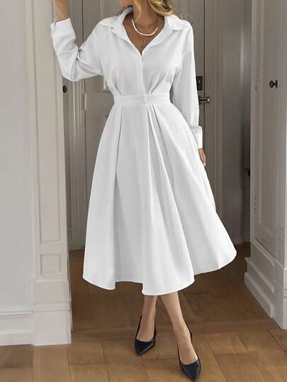 Unadoll 女式长袖衬衫领，腰部收紧折叠，优雅的全白连衣裙，适合约会和度假、返校、圣诞节