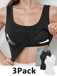 3Pcs Women's Cozy Pajamas,Camisole Tank Tops,With Built In Bra, Simple Breathable Tank Top, Basic Yoga Top Layering Tank Top Padded Bra Undershirt.Suitable For Summer, Fall(Black +White+Gray) - 黑色,白色和灰色 - 查看 10