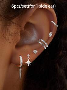 6 Pcs Lucky 24K Gold Plated Cubic Zirconia Stars Stud Earrings For Women Zirconia Drop Dangle Hoop Earrings Set