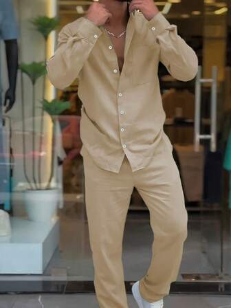 Conjunto de 2 piezas de pantalón de manga larga con cuello vuelto, de tela texturizada, cómoda y transpirable, con diseño de botones de contraste y cremallera completa, adecuado para uso diario casual, moda minimalista, playa, negocios ligeros y múltiples ocasiones, para primavera/otoño