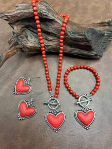 1 Set Vintage Bohemian Style Turquoise Beaded Necklace, Synthetic Turquoise Heart Pendant Necklace, Heart Bracelet, Heart Earrings, Versatile Short Style, Suitable For Casual Wear, All Seasons Jewelry, Suitable For Women And Girls, Daily Outfit, Party Accessories, Jewelry, Gift For Family/Friends/Yourself - Bohemian Style - View 18
