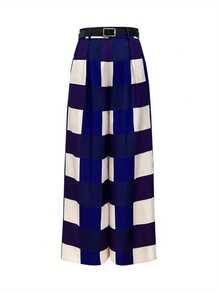 高腰修身大格子裤，纯色带口袋，纽扣和拉链开合，日式风格 - 藍色 - 查看 2