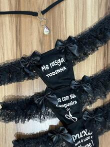 Kit Of 3 Phrase Panties With Thong With Waist Accessory, Butterfly Pendant, Letter, Contrast Fabric Bow, Summer Panties - 黑色 - 查看 1