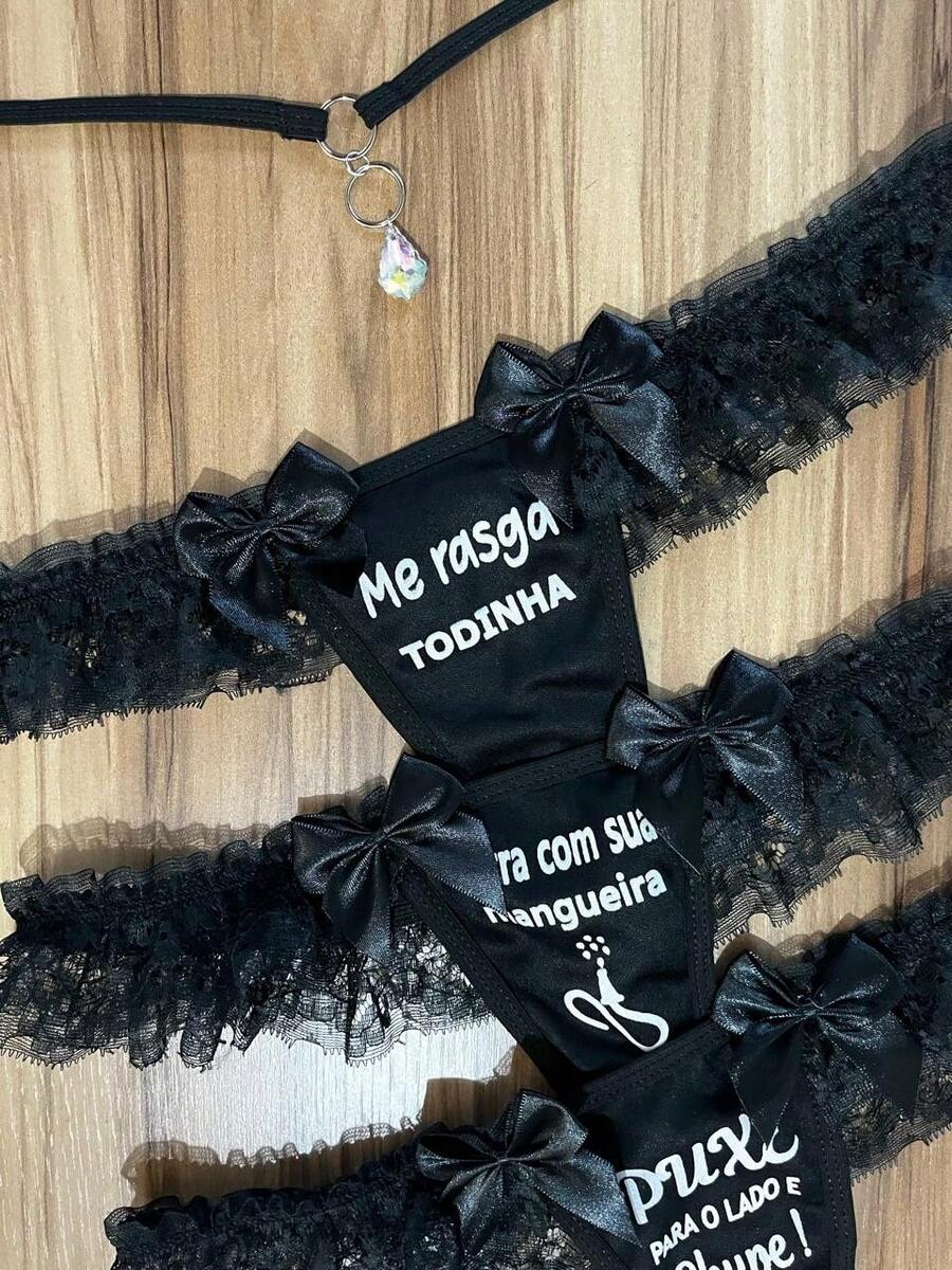 Kit Of 3 Phrase Panties With Thong With Waist Accessory, Butterfly Pendant, Letter, Contrast Fabric Bow, Summer Panties - 黑色 - 查看 1