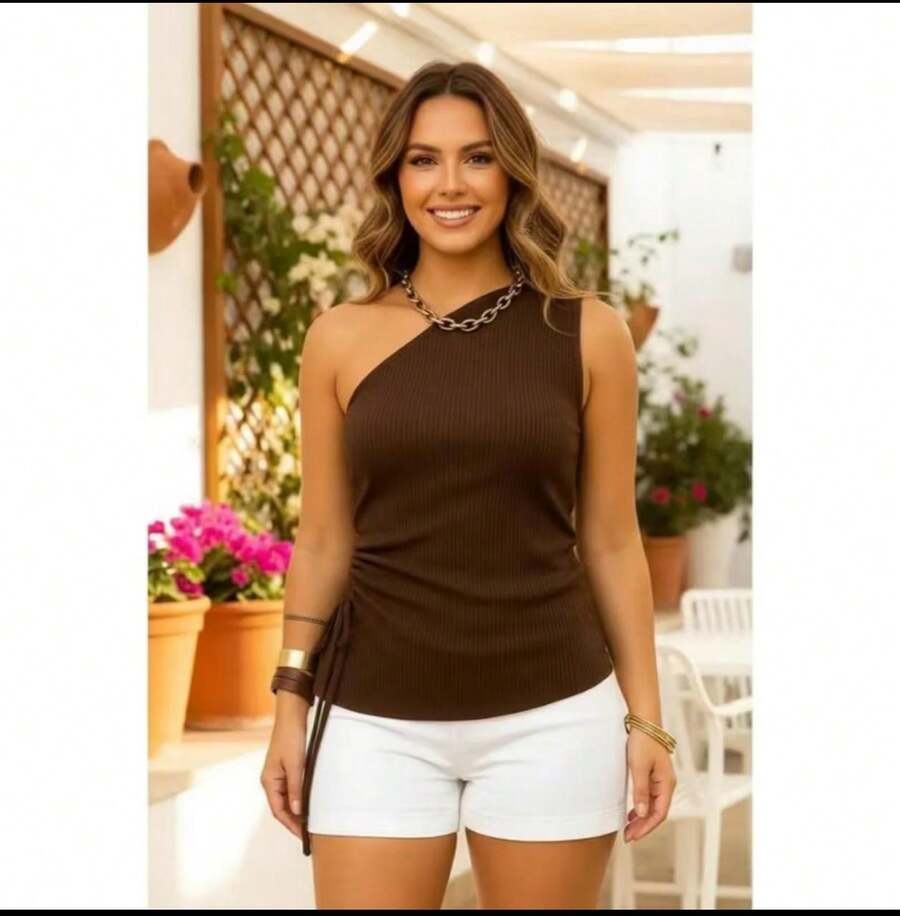 Women's Stylish Asymmetrical Elegant Mule Lame Blouse - 鏽棕色 - 查看 1