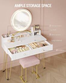 HEXCELEN Dressing Table With Stool And Lighting, Dressing Table With Mirror, 40 * 90 * 140 Cm, Dressing Tables With Drawers, Pink Upholstered Stool, Bedroom, Modern, Matte White And Gold - Phích cắm loại C của EU (220-240V) - Xem 4