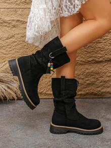بوت نسائية موضة، بوت سميكة الأربطة، بوت كاحل غربية بلون واحد مزينة بالخرز، للعطلات