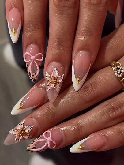 Enhance Your Style With These 24 Pieces / Sets Of French Leopard Print Nails, Polka Dot Nails, Floral Press On Nails Almond. Perfect For Girls And Girls' Parties, Dates And Daily Life. The Product Includes One Jelly Glue And A Small Brush.