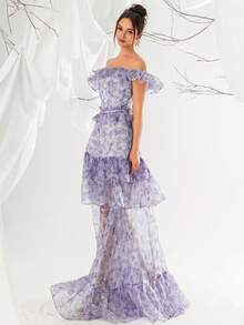 VIPGIRL Vestido de noche elegante de mujer con hombros descubiertos, volantes y malla - Morado - Ver 4