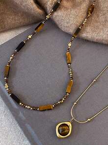 1pc/Set Vintage Elegant Multi-Layer Tiger Eye Stone Pendant Necklace, Women Double-Layer Clavicle Chain Jewelry Set, Fashion Accessories For Daily Wear And Party, Best Friend Gift (Natural Stone Color And Quantity Of Round And Square Beads Are Random) - Nhiều màu 7 - Xem 6