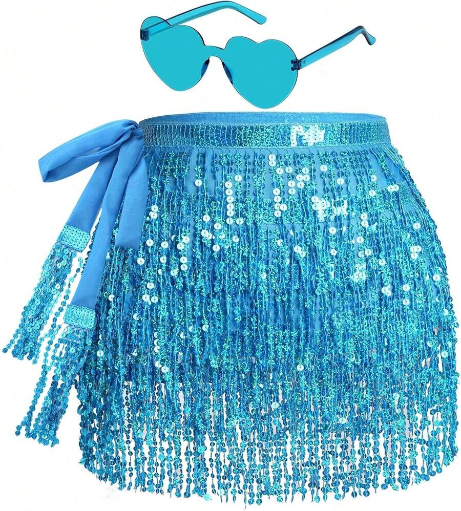 Sequin Belly Dance Scarf Tassel Wrap Sparkly Fringe Skirt With Pair Heart Party Rave Costume Women - 藍色 - 查看 1