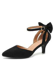 MAIERNISI JESSI Women's Wedding Evening Party Bow Kitten Heels Pumps Ankle Strap Buckle Dress Shoes - 黑色絨面 - 查看 2