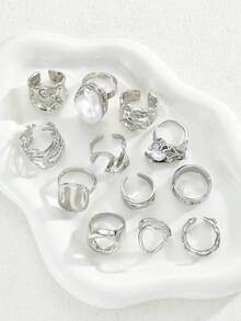 12/6pcs Set Elegant Vintage Delicate Party Style Faux Pearl Ruffle Geometric Metal Rings Set, Geometric Line Design Suitable For Women Daily, Party, Vacation Wear, Versatile Stackable, Perfect Gift For Holidays - Style 14 - View 3