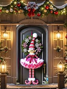 1 Stück festlicher rosa Weihnachtself Türbanner, charmanter Stil Polyester rechteckige Türdekoration mit Schneeflocken-Kranz & gestreifter Mütze Details, vielseitig verwendbares Outdoor Feiertags-Banner für Haus, Veranda, Rasen, Gartendekoration, ideal für Weihnachtsfeiern, Neujahrsereignisse & winterliche Saison-Displays (90x180cm)