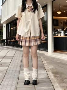 1pc Japanese Style JK Uniform Set, Apricot Loose Fit Babydoll Collar Short Sleeve Top + Plaid Pleated Skirt 2 Pieces Basic Student School Outfit - Apricot - View 6
