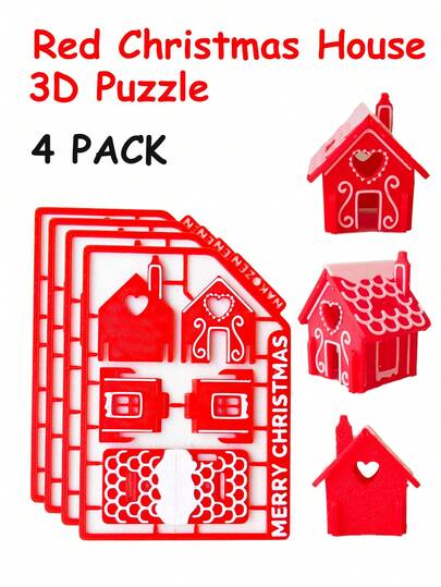Christmas Mini 3D Printed Red House Decor, 4PCS Assemble Set - Funny Christmas Gift For Festive Fun