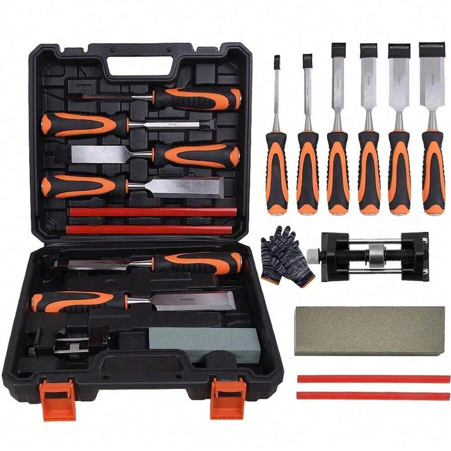 Wood Chisel Set 10 Pieces Woodworking Tools Sharpening Stone With Storage Box UK - Orange - View 1