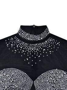 Summer Spring Fashion Elegant Women's Mesh Sparkly Rhinestone Long Sleeve Stand Neck Short Dresses Birthday Party Festival Wedding Black - Black - View 5