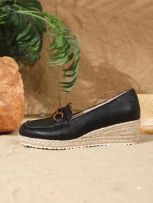 女士新款厚底时尚百搭亚麻编织底休闲鞋。轻便优雅舒适的女士凉鞋。白色、黑色、杏色、红色、绿色、粉色 - 黑色 - 查看 6