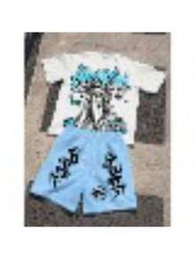 Men's Statue Of Liberty Set 100% Cotton T-Shirt And Drawstring Shorts Streetwear Casual Premium - Trắng-Xanh nhạt - Xem 5