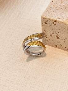 1pc Stainless Steel Bicolor Feather & Flower Twist Design Ring, Tarnish Resistant, Suitable For Autumn/Winter Wear, Home, Daily, Gift, Party