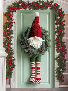 1 Decoración navideña de enano festivo para puerta, corona de puerta de poliéster con base a rayas rojas, sin necesidad de electricidad, decoración de pared festiva