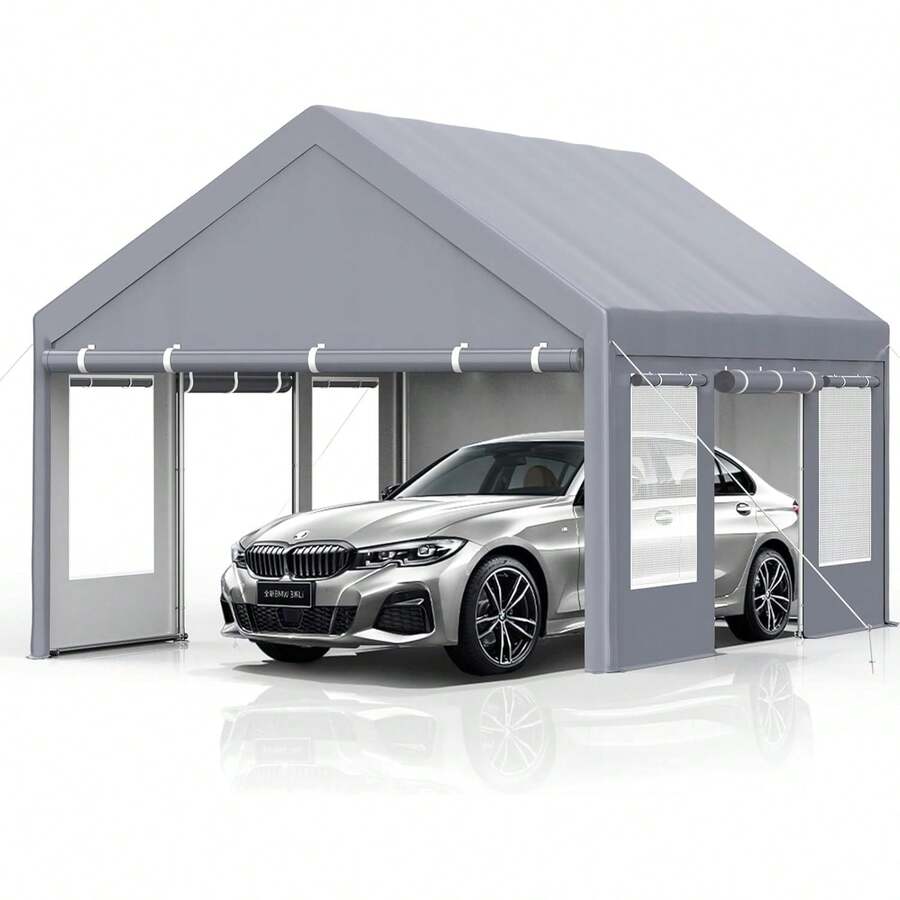 Cochera resistente de 13 x 20 pies con tela de polietileno y estructura de acero galvanizado. Garaje portátil con puertas enrollables y 4 ventanas. Toldo para coche con lona para todo tipo de climas, ideal para coche, camión y barco - Gris - Ver 1