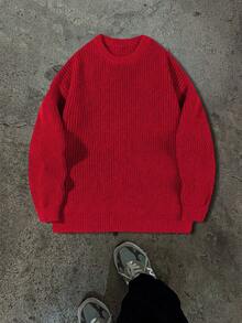 Áo len dệt kim dáng rộng, nhẹ nhàng, thiết kế tối giản, cổ tròn, thích hợp cho mùa thu/đông. - Màu Hoa hồng đỏ - Xem 5