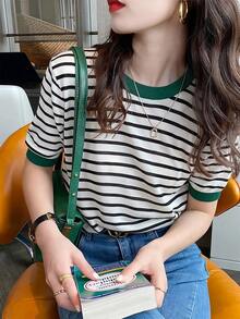 Top de rayas para mujer,Camiseta de punto con cuello redondo estampado,Camiseta de manga corta casual sencilla y versátil - Verde - Ver 2