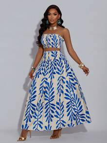 Ladies' Sexy Sweep With Printed Strapless Top, Long Skirt Two Pieces Set, Women's Sexy Date Outfit For Valentine's Day Night Dates Elegant Dress Women Elegant Women's Sets Women's Summer Dresses