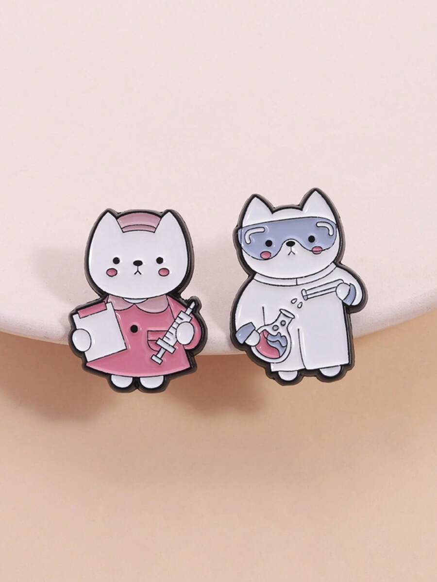 2Pcs Professional Cat Badges Scientist Nurse Theme Lab Coat Goggles Design Medical Uniform Syringe Style For Workplace Accessory ID Card Decoration Healthcare Gift Set - Pink - View 1