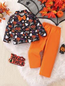 2pcs/Set Young Boy Halloween Pumpkin, Ghost, Spider Web Graphic Full Print Long Sleeve Button-Up Shirt And Pants Set, Casual For Daily, Holiday, Party, Outdoor Wear, Spring/Autumn - Orange - View 2