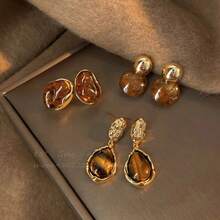 6pcs New Maillard Dyed Earrings Round Stud Earrings Luxury Jewelry Accessories, Autumn/Winter - Maillard 6-piece Earring Set - View 3