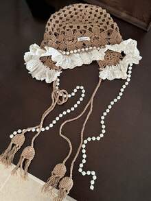 1顶女士手工钩编镂空针织帽，轻盈针织流苏装饰帽，夏季防晒时尚头饰，波西米亚风格，适合母女、女士度假、万圣节（随机字母标签） - 彩色 - 查看 12