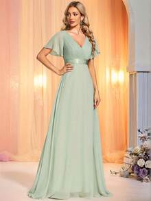 深V領蝴蝶袖超長雪紡伴娘連衣裙