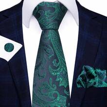 Set cravatta jacquard floreale da uomo, cravatta in seta liscia verde navy, con pochette e gemelli coordinati, set cravatta formale per matrimoni e affari, adatto per sposo, testimoni, ufficio e occasioni speciali, set cravatta con motivo floreale elegante, un regalo ideale per uomini che apprezzano accessori formali raffinati e abbigliamento da matrimonio/evento alla moda. - Multicolore - Visualizzare 2