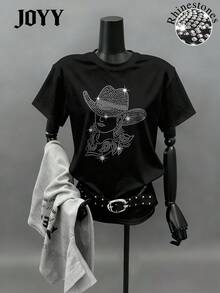 JOYY Women's Rhinestone Embellished Shiny Round Neck Short Sleeve T-Shirt, Holiday Party Gift Top, Suitable For All Seasons - Black - View 1