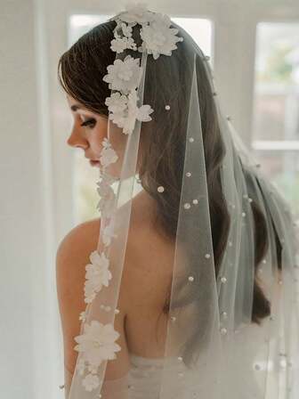 1 pieza Tocado nupcial con velo bordado a mano con flores 3D, accesorio para vestido de novia